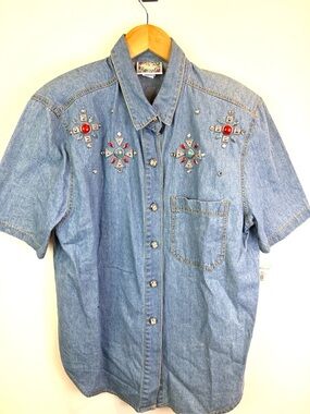NWT VIntage Embellished Blue Denim Short-Sleeve Shirt size 14